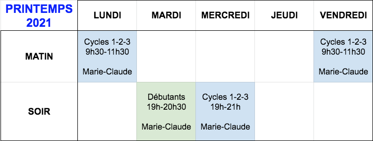 horaire printemps 2021